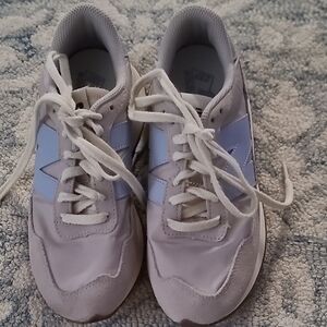 New Balance White and Light Blue Sneakers